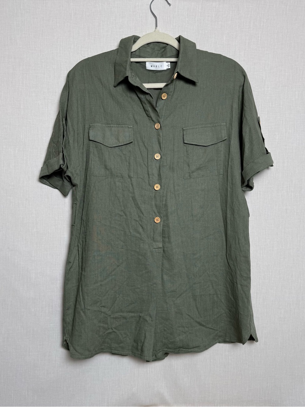 Mable Women’s Linen Blend Utility Romper Olive Green Size Small Roll Tab Sleeves